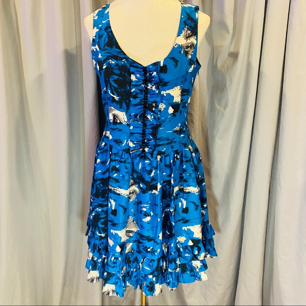 Retro Cocktail dress.  Blue, Black, White. 35” long. Chest area 34”-35.5” wide.